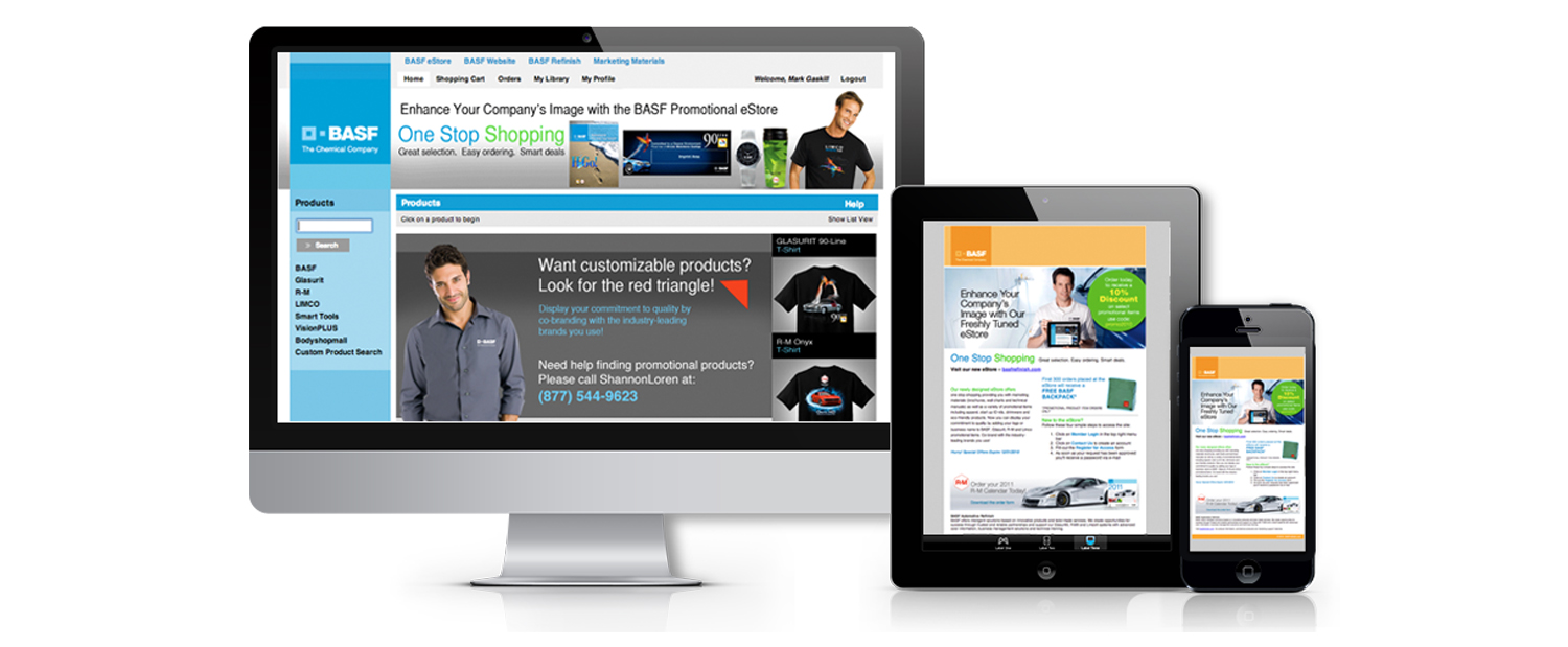 Images of BASF’s marketing materials, including a promotional eStore developed by Phoenix Innovate.