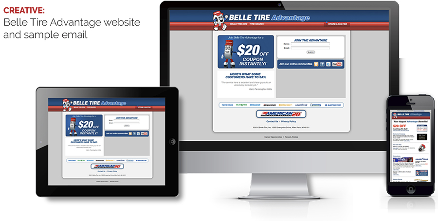 Belle Tire Advantage website and sample email