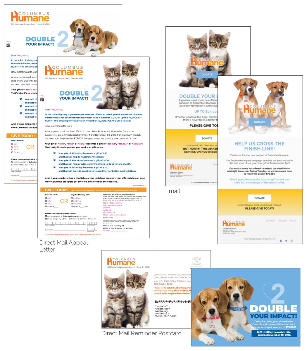 These match appeal letters, postcards and emails were a part of our fundraising campaign for Columbus Humane.