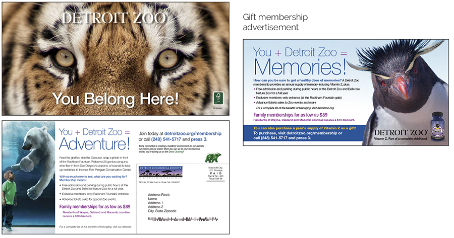 Direct mail samples for a member acquisition marketing campaign for the Detroit Zoo