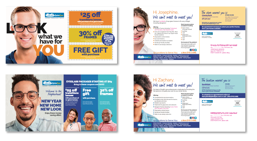 Examples of our direct mail designs for eye care provider OptimEyes