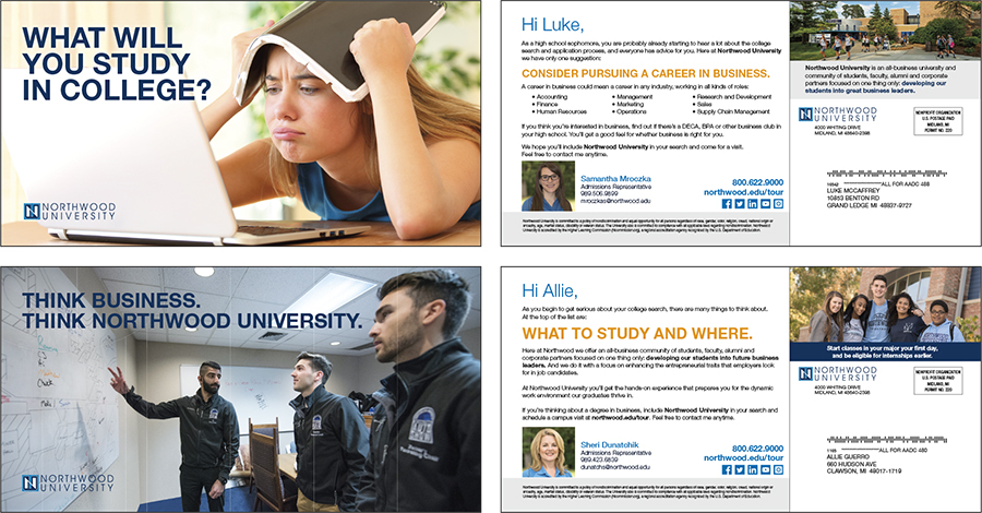 Examples of direct mail communications to boost Northwood University student enrollment