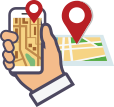 hand holding phone with navigation marker 